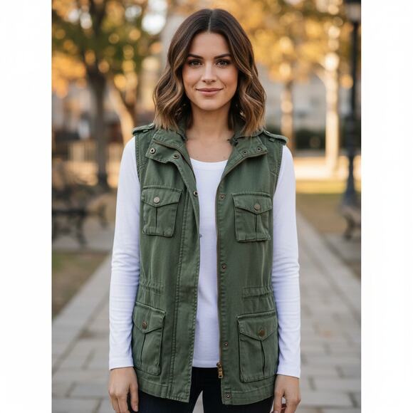 Tinsel Stitch Fix Army Green Cargo Pockets Vest With Detachable Hoodie XS NWT - Picture 1 of 16
